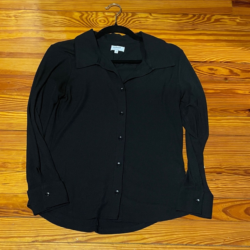 Black Button Front Long Sleeve Blouse Collared Work Top Stitch Fix Petite SP